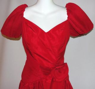 Vintage 80's Red Floral Applique Formal Party Anti Prom Ugly Bridesmaid Dress S