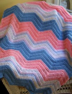 Chevron Ripple Crochet Baby Blanket Afghan Wrap Shawl Handmade Pink Blue White