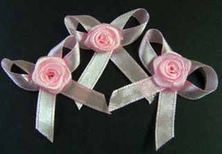 50 Pink Satin Ribbon Flower Bow w Rose Appliques Trim