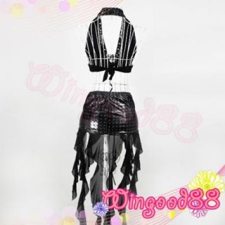 Women Black Sexy Halter Rivets Top Bra Sheer Mini Skirt Clubwear Lingerie Dress