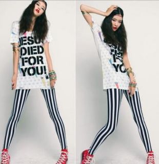 New Korean Fashion Women Black & White Vertical Stripes Leggings