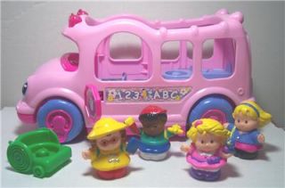 Fisher Price Little People Sound Light Pink School Bus 4 Figures Wheel Chair