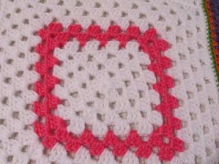 Colorful Squares on White Handmade Crocheted Afghan Throw Shabby Cottage Chic