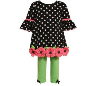 Bonnie Jean Girl Coral Flowers Bell Sleeve Dots Dress Turquoise Leggings Set