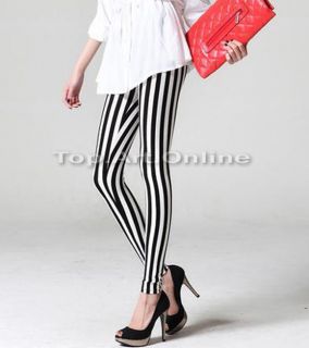 Stylish Women Black Amp White Vertical Stripes Stretchy Leggings Pants Tights