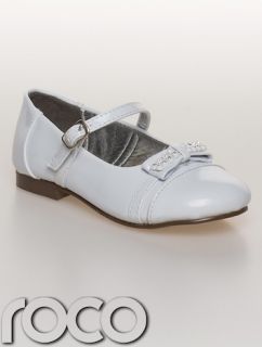 Girls White Formal Patent Bow Bridesmaid Christening Diamante Flowergirl Shoes