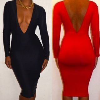 New Sexy Womens Deep V Neck Long Sleeve Party Evening Club Bodycon Bandage Dress