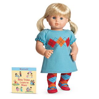 New in Bag American Girl Bitty Baby Twin Girl Aqua Argyle Dress Outfit Book