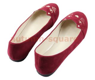 New Fashion Cute Cat Face Womens Shoes Loafers Low Heel Comfort Flats Red Black