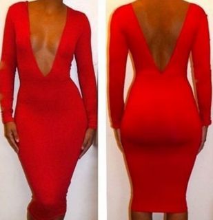 New Sexy Womens Deep V Neck Long Sleeve Party Evening Club Bodycon Bandage Dress
