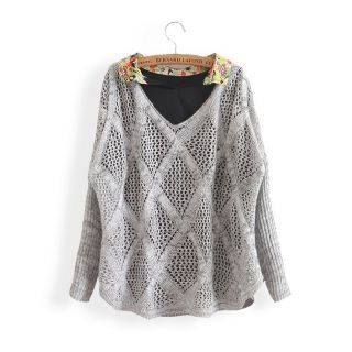 Womens Fashion Loose V Neck Hollow Long Sleeve Knit Sweaters Gray B3709
