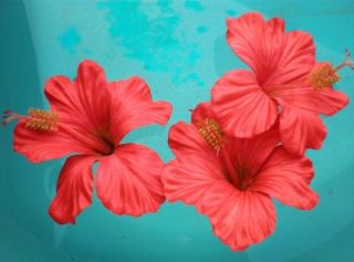 3 Red Deluxe Artificial Floating Tropical Hawaiian Hibiscus Flowers Wedding
