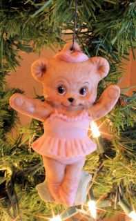 Porcelain Bisque Teddy Bear Ballerina Ballet Christmas Ornament Marked Sarah '93