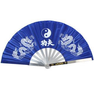 New Chinese Dragon Stainless Steel Frame Tai Chi Martial Arts Kung Fu Fan Blue