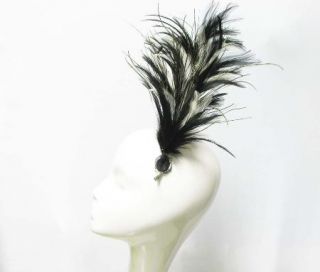 Curve Wired Fine Peacock Feather Fascinator Party Hair Clip Pin Black N White