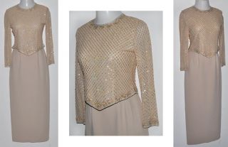 Adrianna Papell Occasions 100 Silk Beaded Formal 2pc Top Skirt Sz 4P Champagne