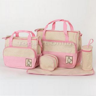 5pcs Set Newborn Baby's Diaper Nappy Changing Big Bag Handbag Tote Shoulder Pink