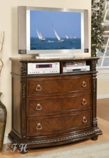 New Palace Marble Top Rich Brown Finish Wood TV Stand Storage Chest Console
