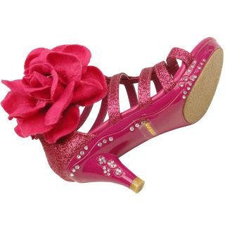 Girls Evening High Heel Dress Sandals w Strappy Glitter Fabric Flower Fuchsia