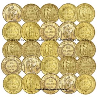 Lot of 25 French 20 Franc Angels Gold Coins Fractional World Bullion France