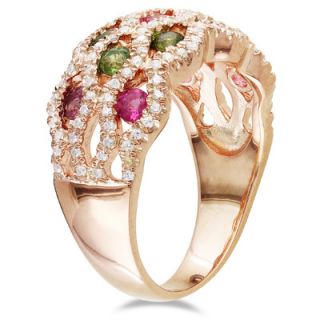 Amour Silver Pink Rhodium Plated Pink and Green Tourmaline and Cubic Zirconium Fashion Ring