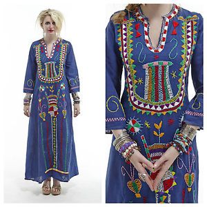 Vtg 70s Embroidered Maxi Festival Dress Mexican Prairie Ethnic Peasant Gauze Sew