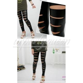 Sexy Fashion Black Tear Leather Ripped Torn Hole Leggings Jean Pants Tights