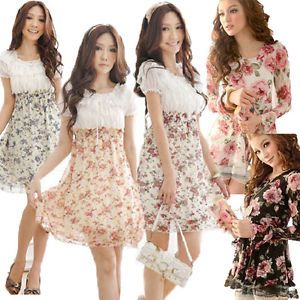 Fashion Korean Chiffon Tunic Lace Gauze Floral Long Sleeve Mini Dress