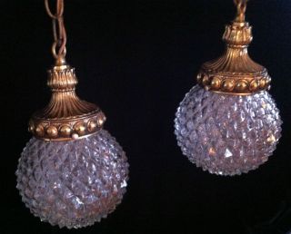 Vintage Mid Century Modern 2 Diamond Glass Globes Brass Hanging Ceiling Light