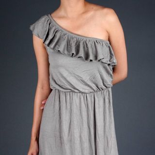 Gray One Shoulder Ruffle Empire Greek Maxi Dress L