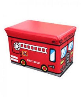 Red Fire Truck Engine Folding Storage Bin Bench Cushion Top Kids Childs Toy Box