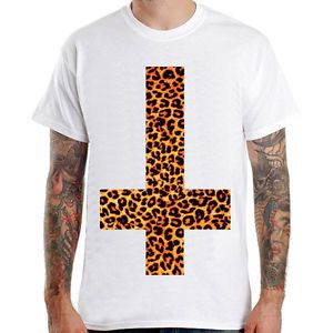 Inverted Cross Leo Leopard Design Graphic Gift Idea Goth Rock Men White T Shirt