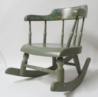 Incredible Antique C 1910 Folk Art Painted Childs Rocking Chair Plank Bottom Yqz