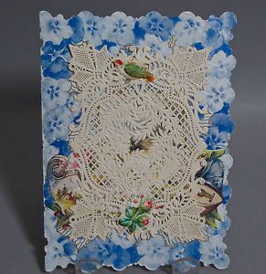 Antique Victorian Lace Greeting Card with Flowers Birds and Musical Instruments