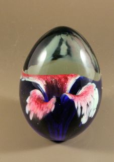Glass Eye Studio Art Glass Cobalt Flower Egg Paperweight Signed