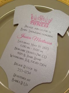 Baby Shower Invitation Onesie Princess Tiara for Girl Printed on Metallic Paper