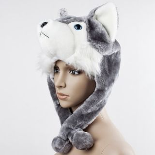 Cartoon Animal Husky Wolf Fluffy Plush Hat Cap Scarf Earmuff for Adult Kids D9