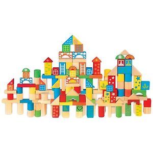 Wooden Building Blocks Shapes Set Two Storage Tubs Wood Kids Childrens Toy Play