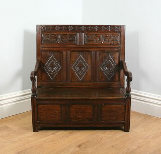Antique Victorian Oak Box Settle Monks Bench Kitchen Hall Church Pew Chair Seat