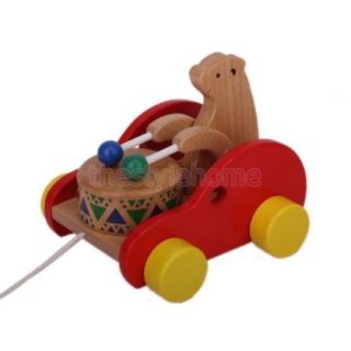 Random Color Wooden Bear Playing The Drum Design Pull Toy for Kids Moving New