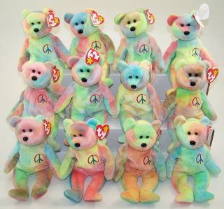1 Dozen Peace Bears Ty Beanie Babies Lot All 115 Stamped Nice Colors