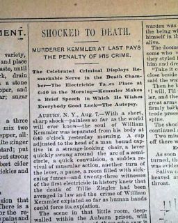 1890 Newspaper 1st Ever Electric Chair Execution William Kemmler Electrocuted