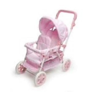 Baby Folding Double Seat Pink Stroller Carriage Canopy Basket Doll House Toy Kid