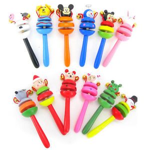 Wooden Animal Smiling Face Jingle Bell Handbell Toy Baby Kid Musical Instrument