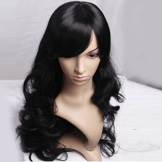 New 31" Women Long Curly Hair Side Bang Fashion Cosplay Party Wig Black