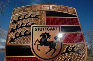 Old Style European Porsche Stuttgart Racing Roadster Logo Diecut Sign Mint