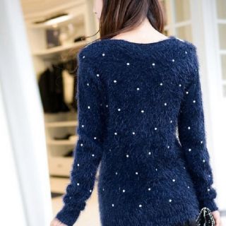 Hot Womens Retro Sequins Scoop Neck Loose Pullover Knitted Sweater Tops 4 Colors