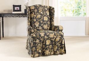 Wing Chair Sure Fit Tennyson Black Floral by Waverly One Piece Slipcover Waverly