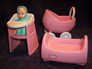 Vintage Little Tikes Doll House Cradle High Chair Stroller w Baby Furniture Lot