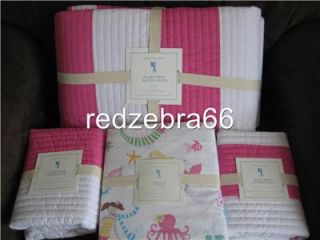 Pottery Barn Kids Girl Pink White Rugby Stripe Full Quilt Sham Mermaid Sheet Set